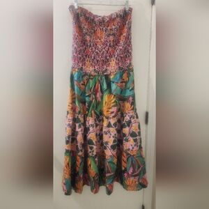 Farm Rio Floral Strapless Midi Dress, Size Large, Linen/ Viscose.